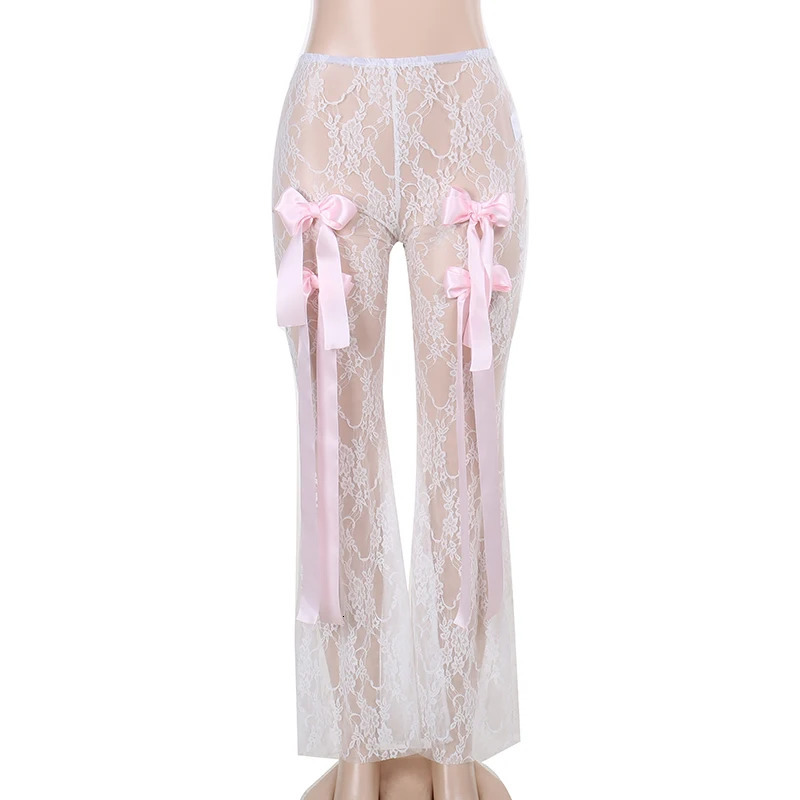 Bow Tie See Through Lace Flare ants Street Wear Bottoms Women y2k Fashion Sexy White High Waisted Pants YY24005DG 241204