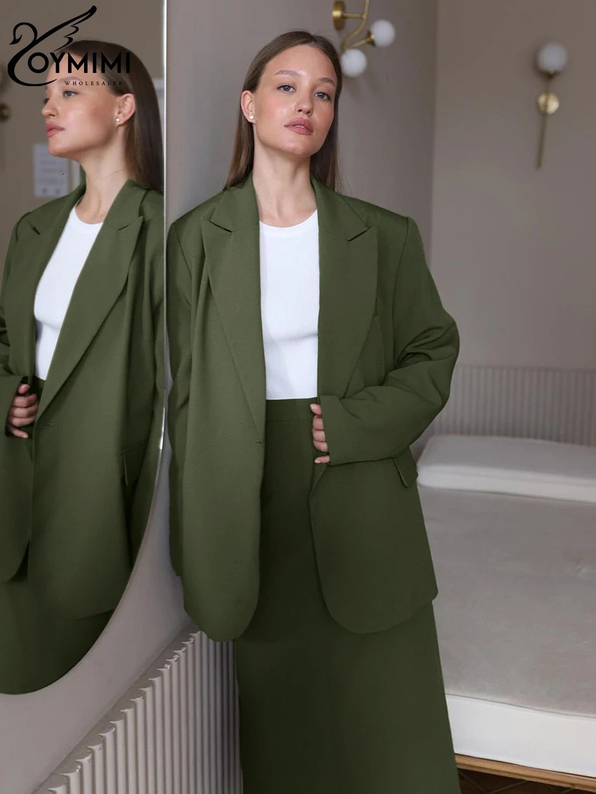 Oymimi Winter Loose Green Office Womens 2 Piece Outfit Set Fashion Long Sleeve Blazer With High Waist Long Skirts Set Female 241204