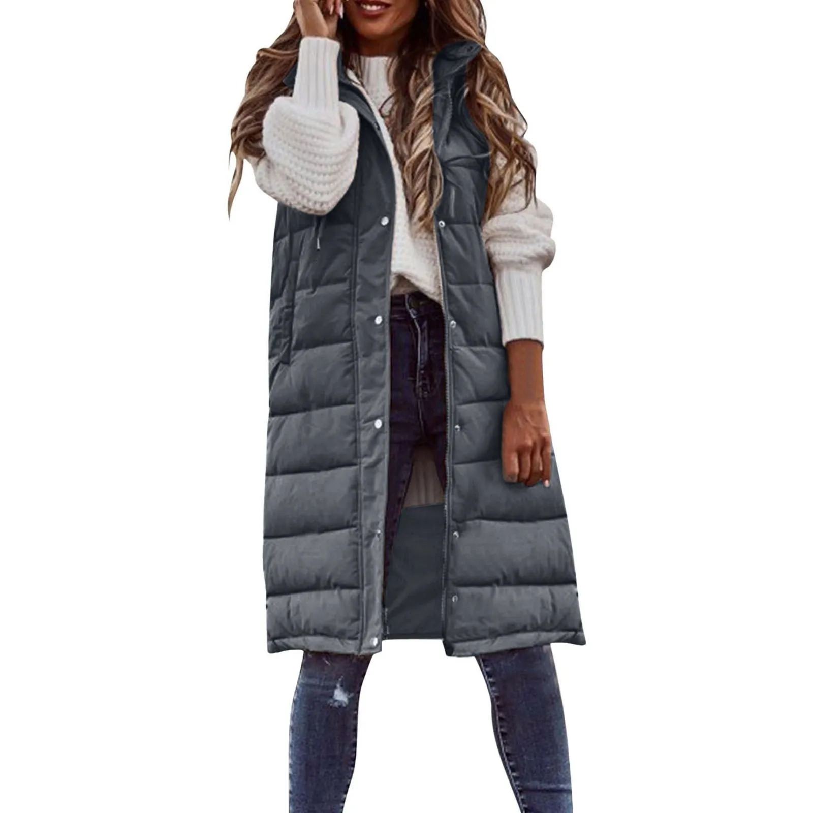 Womens Long Coat Vest With Hood Autumn Winter Sleeveless Warm Cotton Down Coat Waistcoat Quilted Vest Down Jacket Outwear 5XL 241205