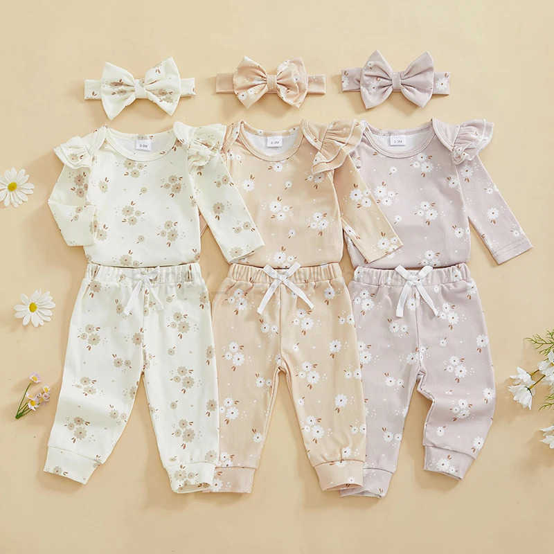 Baby Spring Autumn Clothing Sets Toddler Infant Girls Clothes Long Sleeve Flower Print Romper + Pants + Headband OutfitsXJ241205