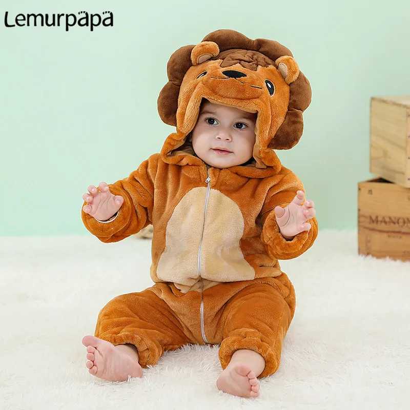 Pajamas Baby Boys Girls Thicken Onesie Infant Winter Warm Zipper Hoodie Jumpsuit Anime Cartoon Lion Rompers Pajamas H241205