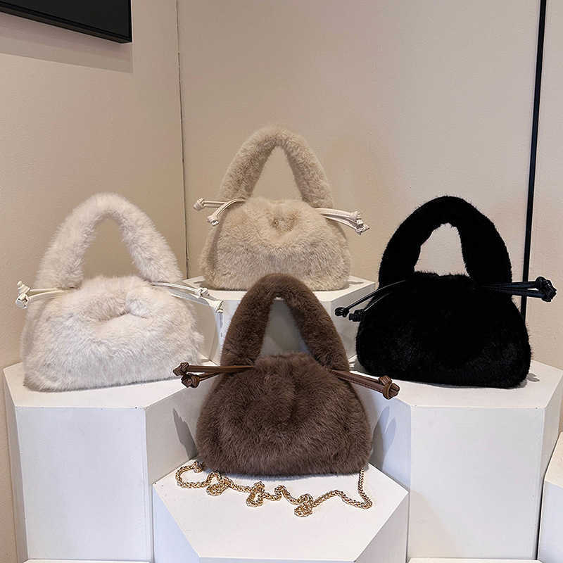 Rabbit Hair Small Bag Autumn and Winter New Item Plush Drawstring Bucket Bag Fashionable Handbag Furry and Stylish Chain Crossbody 241205