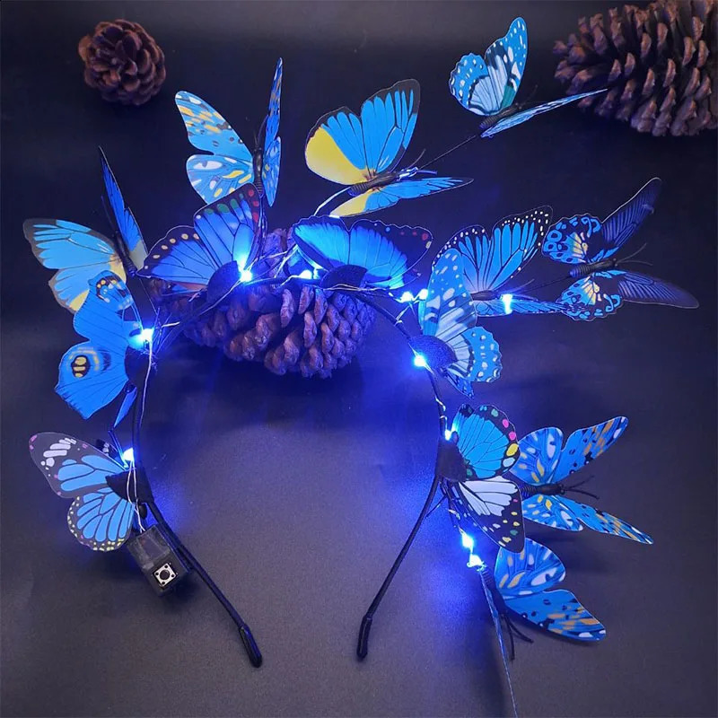 Butterfly Fascinator Headband Glowing LED Light up Bohemian Hair Band Hoops Colorful Headpiece for Party Wedding Christmas 241122