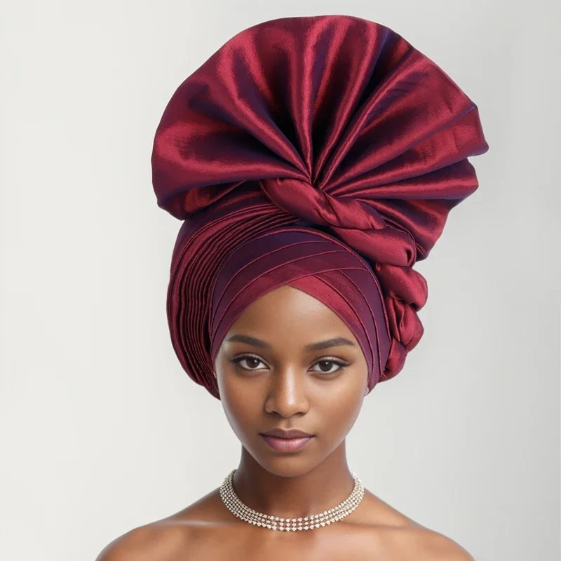 Nigeria Raw Silk Fan Gele Wedding Party Head Wraps Headwear Female Headbands 2024 African Womens Autogele Already Made Headtie 241205
