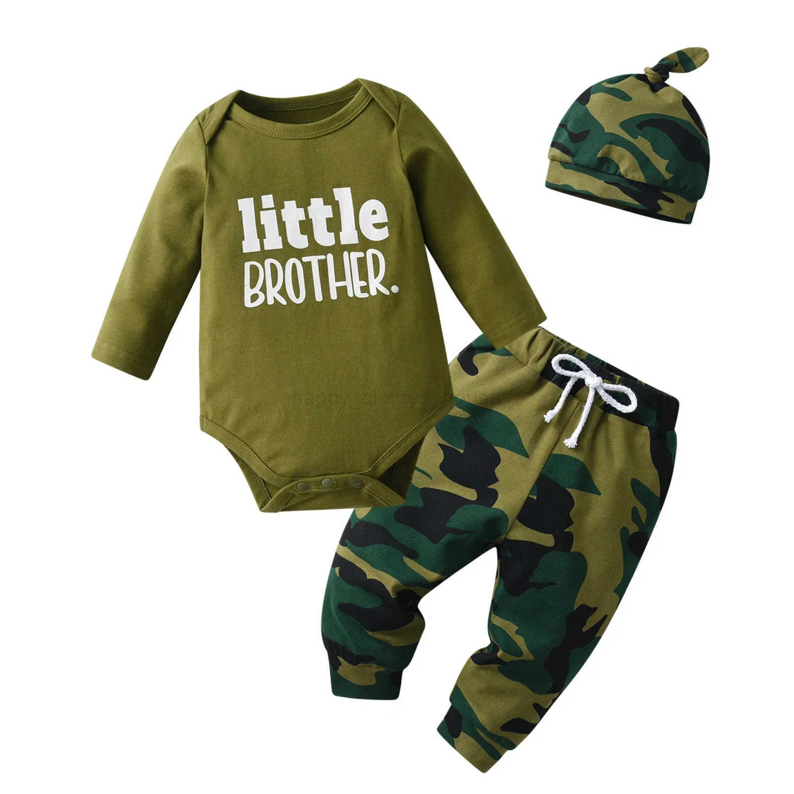 3PCS Newborn infant Baby Boy Clothes Set Cotton Letters Printed Long Sleeve Romper Bodysuit Top Camo Pants Hat Outfit for BoysXJ241205
