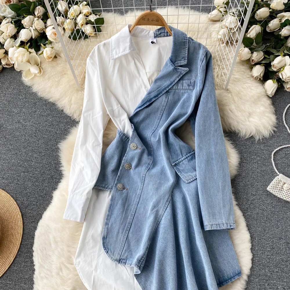 Womens Irregular Splicing Denim Dress Long-sleeved Shirt Patchwork Cowboy Temperamen Design Jeans Shirts Dresses 241204