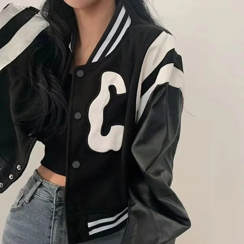 Winter Cropped Bomber Jacket Women Vintage Korean Fashion Oversized Gothic Baseball Short Jackets Kpop Chic Streetwear Coat 241205