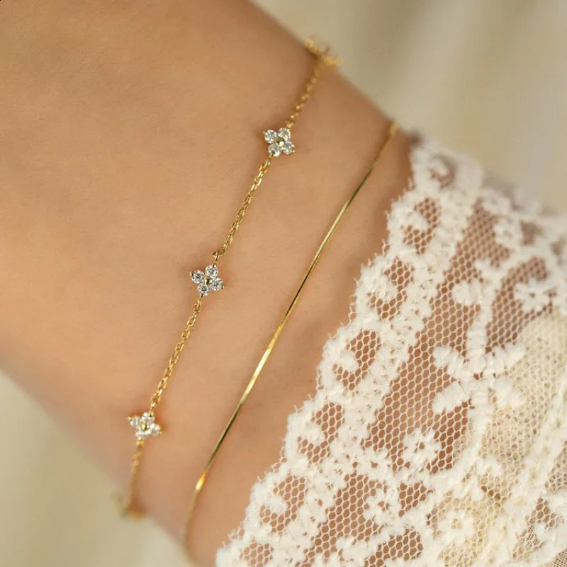 925 Sterling Silver Plated 18k Gold Shiny Zircon Flower Bracelet for Women Korean Temperament Exquisite Jewelry Gifts 241122