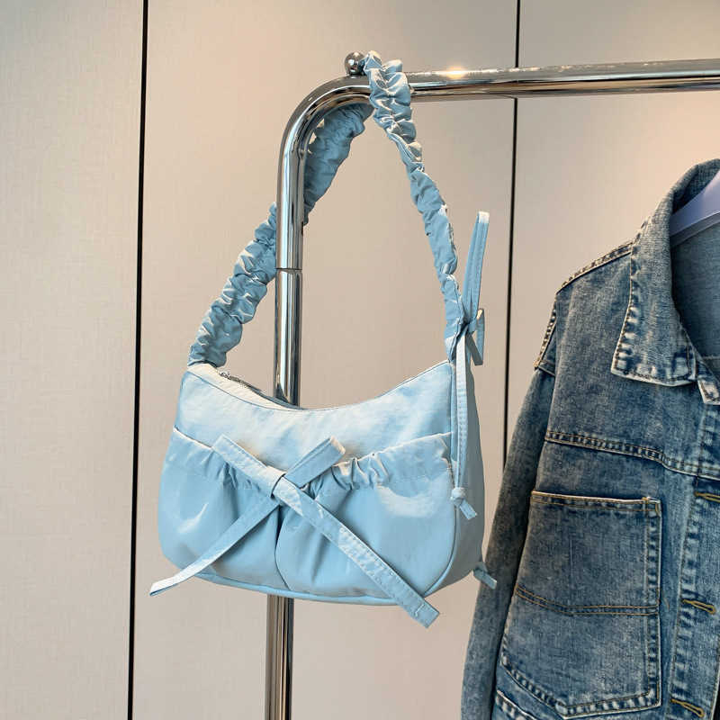 Korean Version New Bow Crossbody Bag Pleated Drawstring Single Shoulder Dumpling Bags Large Capacity Sweet Hobo Tote 241205