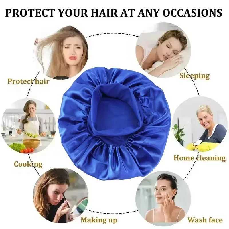 1pcs Soft Silk Satin Lined Bonnet Large Satin Hair Bonnet Household Sleep Shower C Hair Wr Cover for Long Hair Salon ToolXJ241205