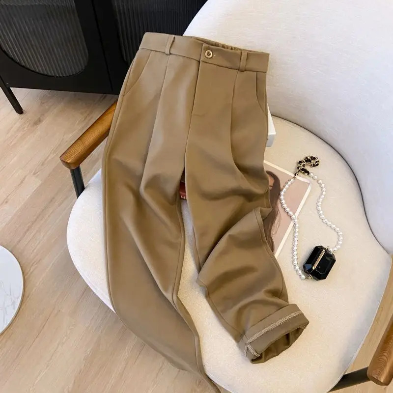 Elegant Woolen Pant Autumn Winter Fashion High Waist Trouser Female Casual Fleece Ninepoint Black Outwear Suit Pants 241205