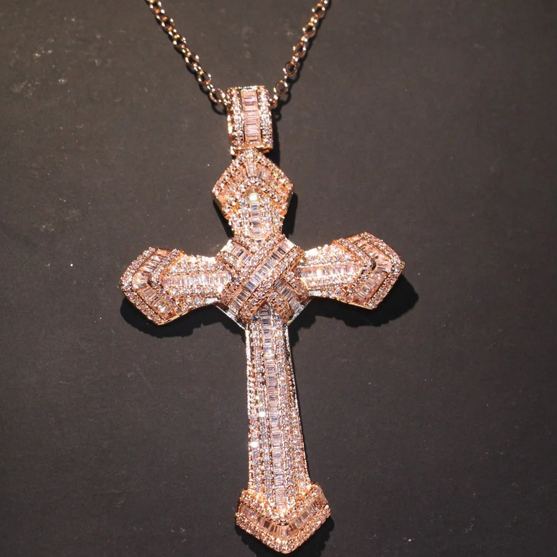 Rulalei Brand Cross Pendant Hip Hop Jewelry Sterling Sier Gold Fill Princess Cut White 5A Cubic Zircon CZ Dia Women Wedding Clavicle Necklace Gift