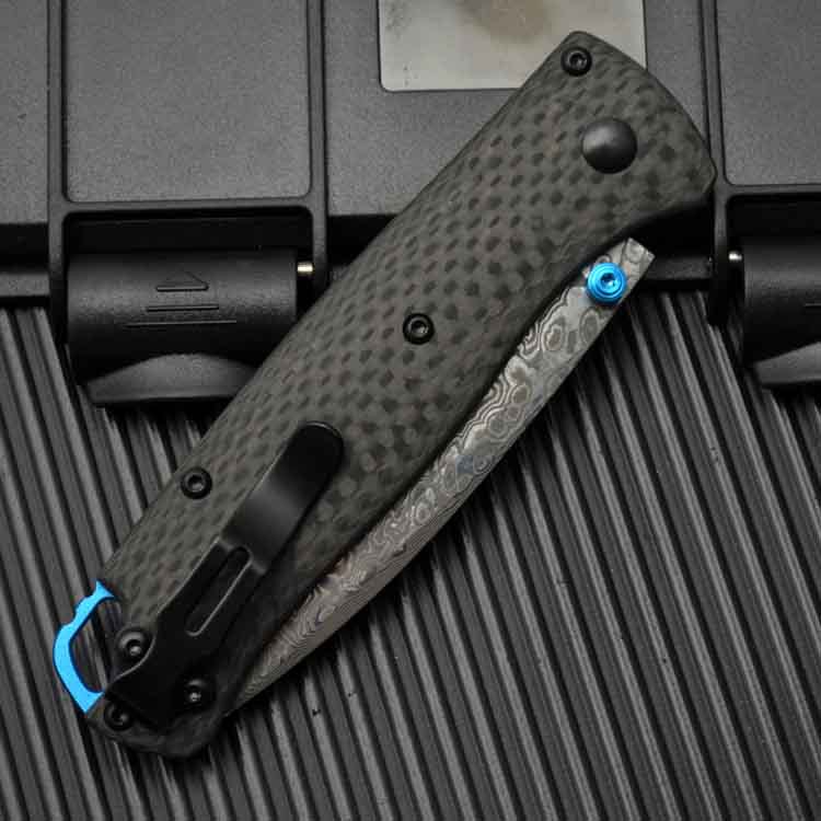 H-Models 535-3 Bugout Folding Knife 3.24 Damascus knives Satin Plain Blade, Carbon Fiber Handles
