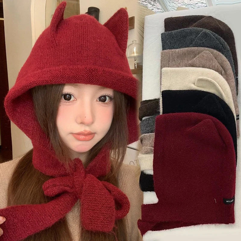 Korean solid wool fluffy cat ear knitted hat autumn thick warm hat fashionable protection ear and neck protection hat 241205