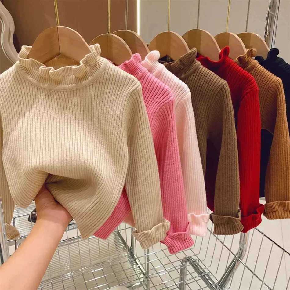 Cozy Girls High Collar Solid Color Sweater Autumn Winter Knitted Sweater Ruffle Collar Small and Medium Childrens Casual Sweater W241205