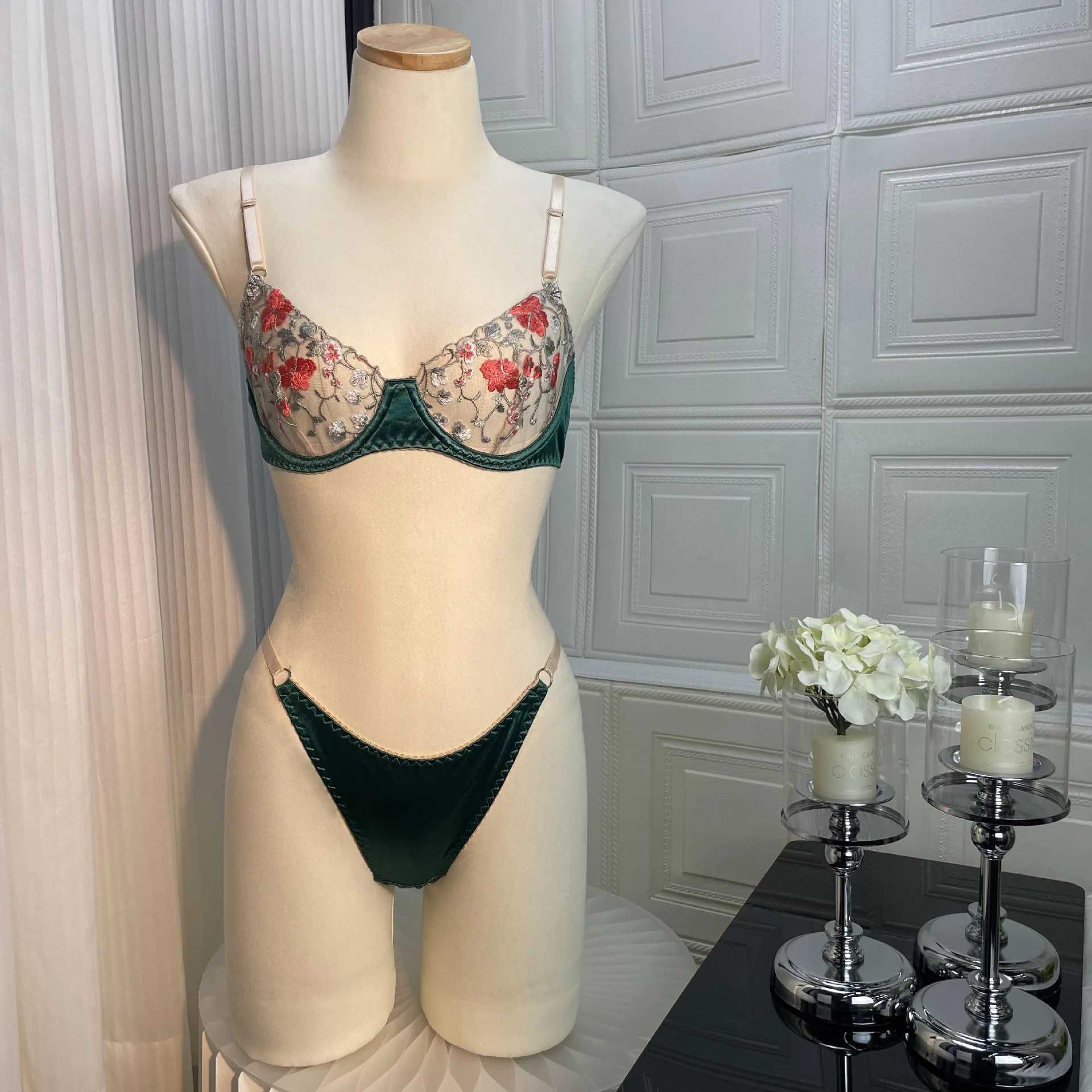 Sexy Lingerie Set Women Green Floral Embroidery Transparent Erotics Bra + Thong Panty Perspective Underwear Two-piece SetsXJ241205