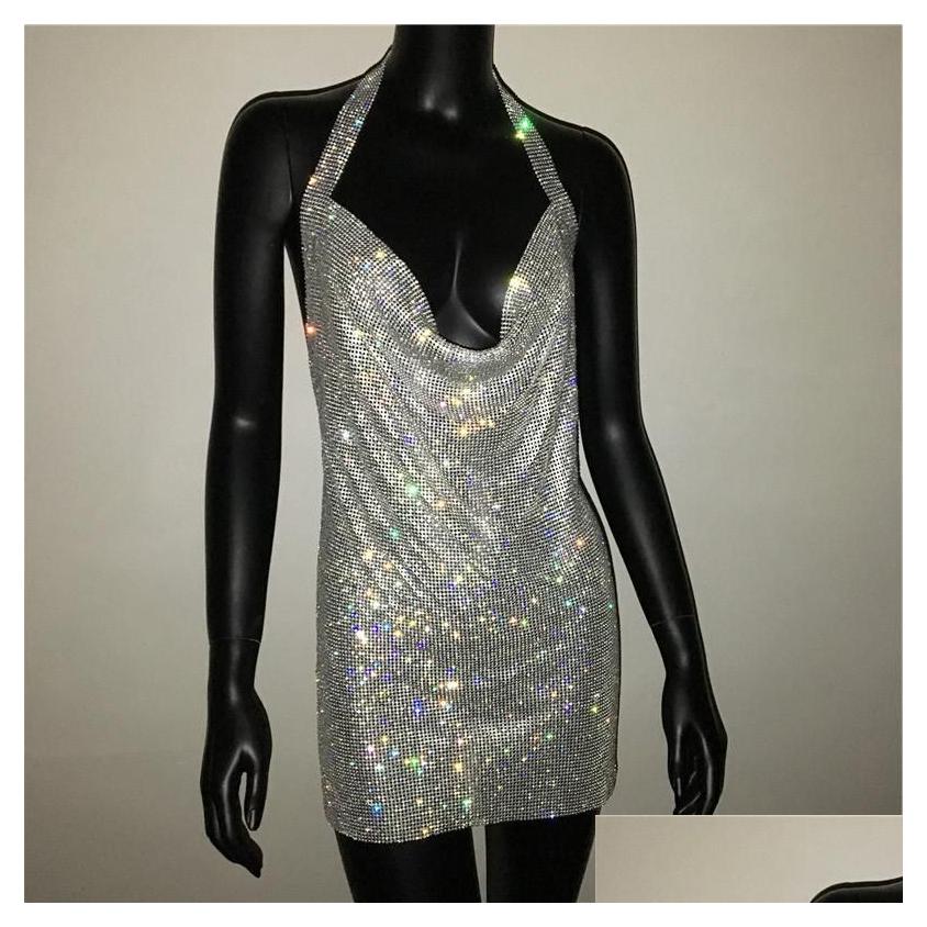 Basic Y Deep V Neck Crystal Dress Women Rhie Halter Dance Party Diamante Backless Split Mini B3 Drop Delivery Apparel WomenS Cloth Otoa9