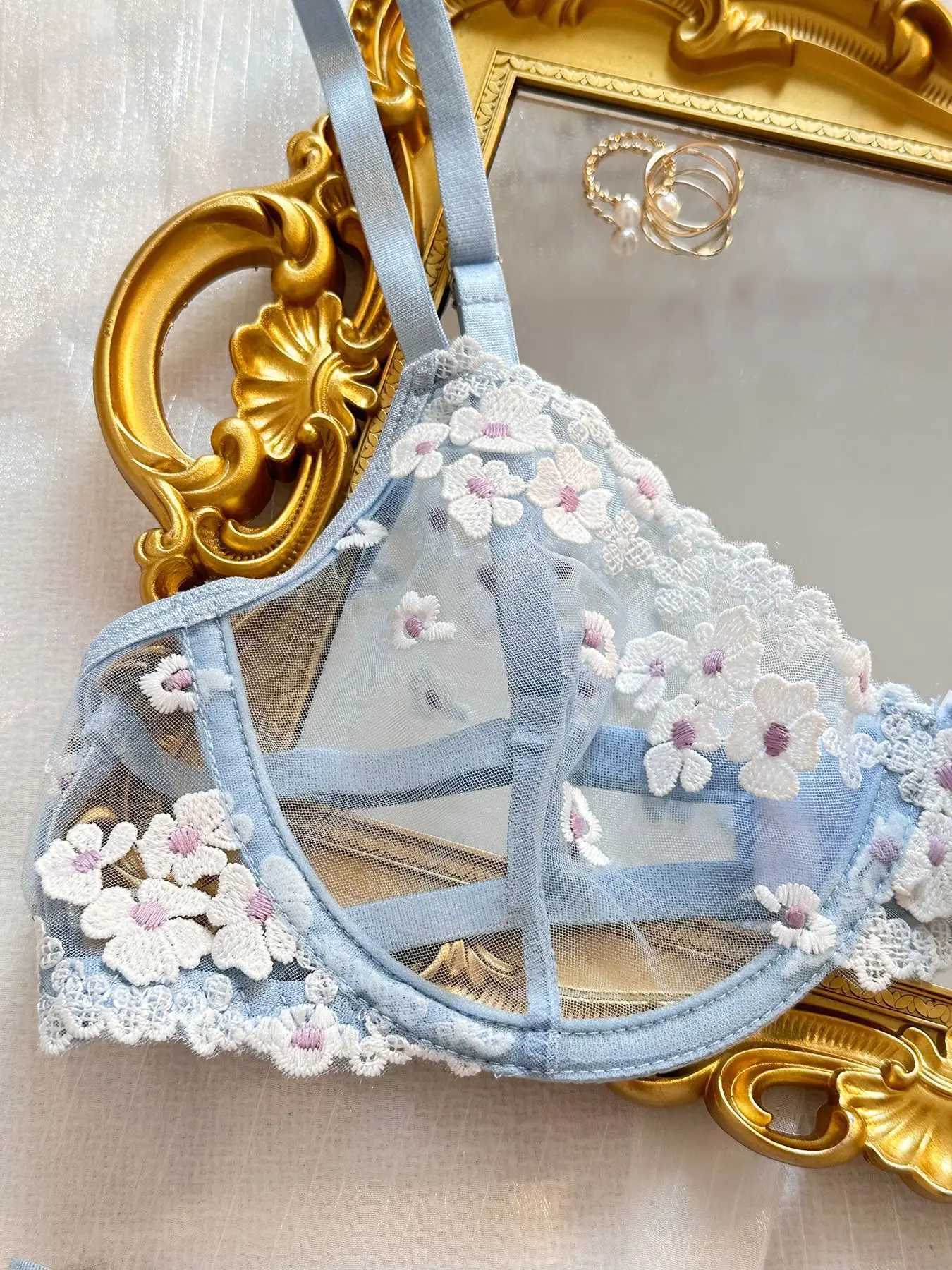 Sexy Lingerie Women Embroidered s Transparent Underwear Blue Fairy Brief Delicate Bra Push Up Breves Erotic Sets Thin BrasXJ241205