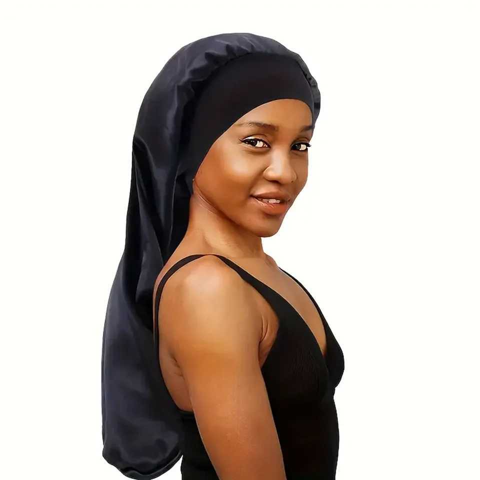 Soft Black Satin Hair Bonnet for Sleep Shower - Elastic Comfortable Wr for Hair Protection and Style PreservationXJ241205