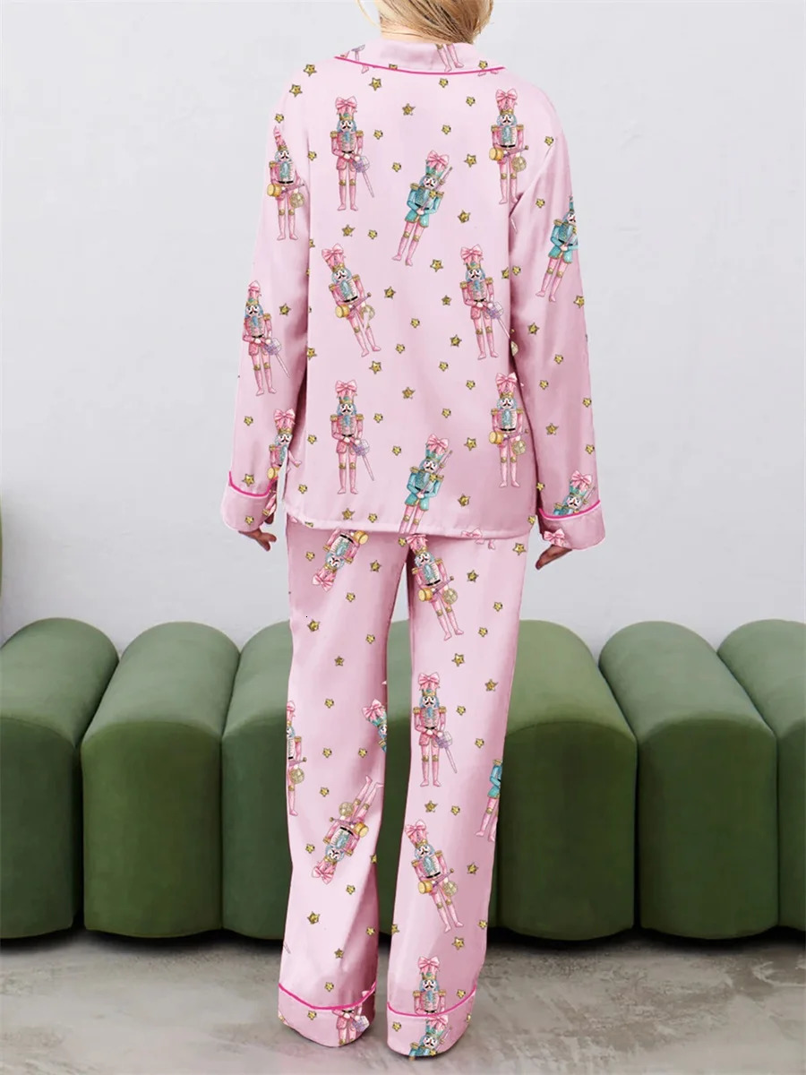 Women Christmas Pajama Set Cute Nutcracker Print Long Sleeve Button Down Shirt Pants Satin Silk PJ Set 2 Piece Jammies 241204