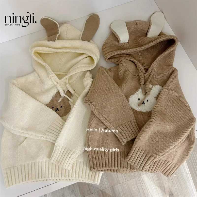 Autumn Childrens Girls Sweater Cotton Knitted Hoodie Rabbit Jacquard Elastic Childrens Girls Hoodie Childrens Knitted W241205