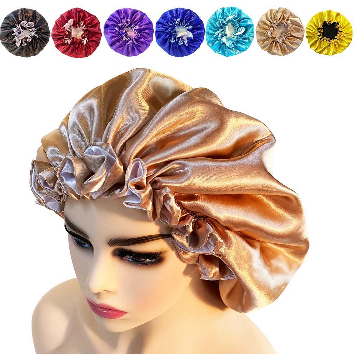 1PCS New Women Big Size Beauty Satin Lined Bonnet Women Beauty Satin Silk Bonnet Sleep C Hat For Curly Springy Hair BlackXJ241205