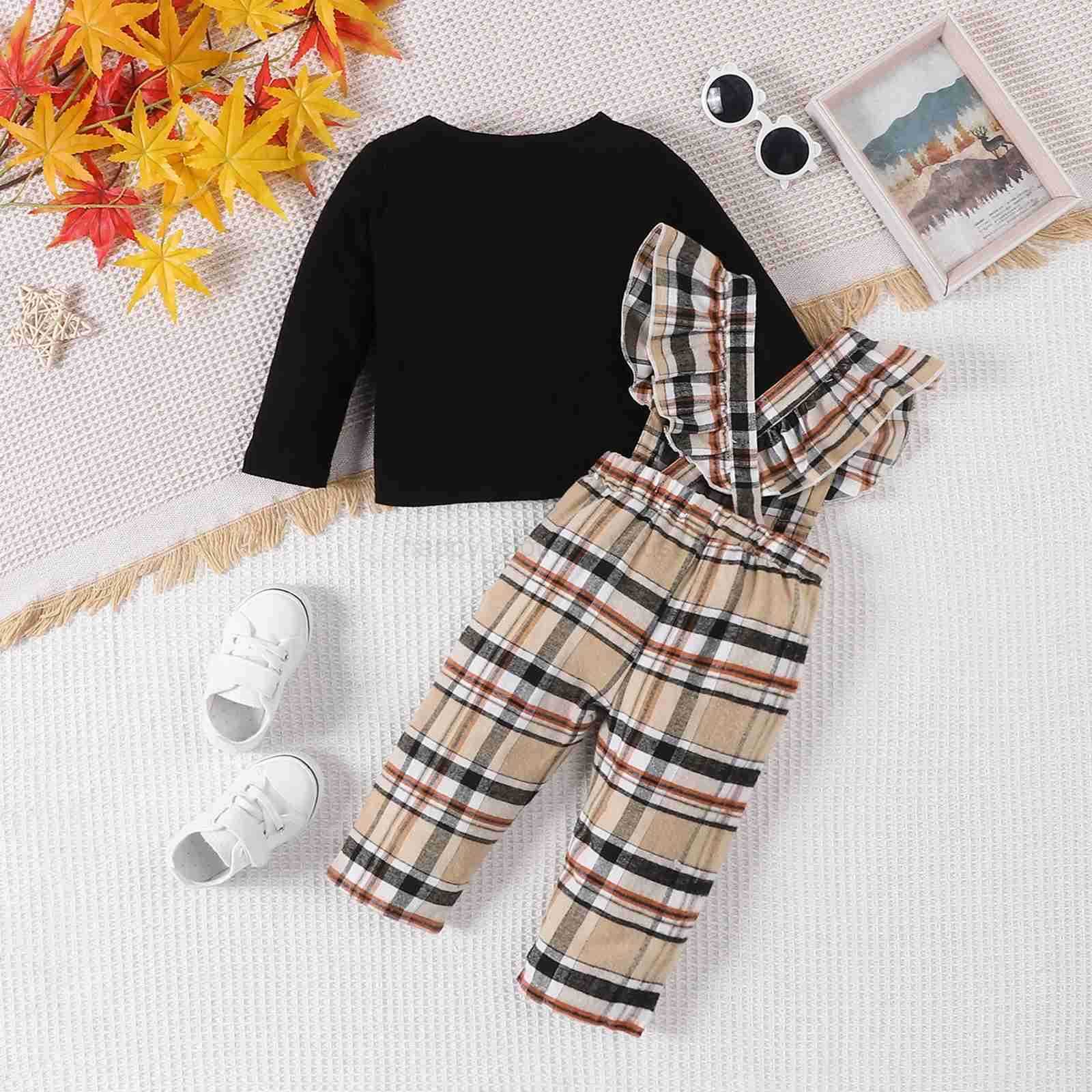 2Pcs Set 2023 Fashion Baby Girls Pure Black Long Sleeve T-shirt Casual Overalls Pants Infant Newborn Spring Autumn OutfitXJ241205