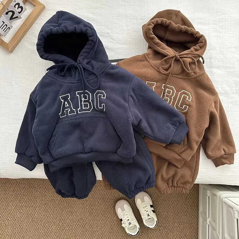 Autumn Winter Kid Tracksuit Boy Baby Fleece Thick Hoodies Set Girl Children Plus Velvet Warm Tops+Pants 2psc Kid Sweatshirt SuitXJ241205