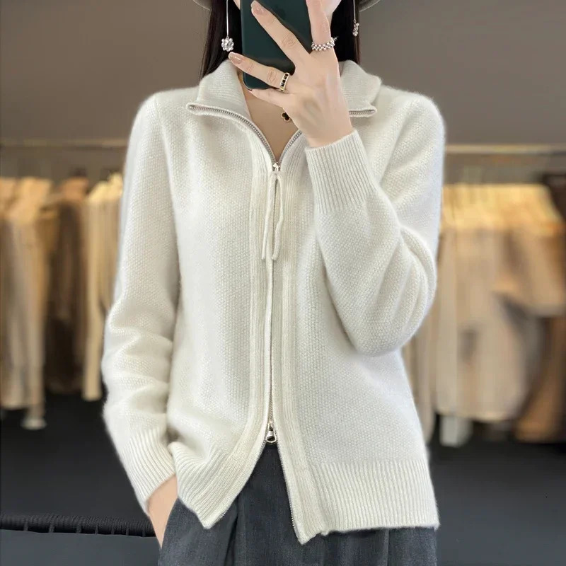 Womens 100% Merino Wool Knitting Sweater Turndown Collar Cardigan AutumnWinter Thick Tops Cashmere Double Zipper Soft Jacket 241204