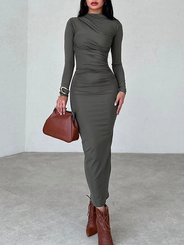 Women Elegant Solid Black Bodycon Maxi Dress Long Sleeve Lady O-neck Evening Party Vestidos Robe 241205