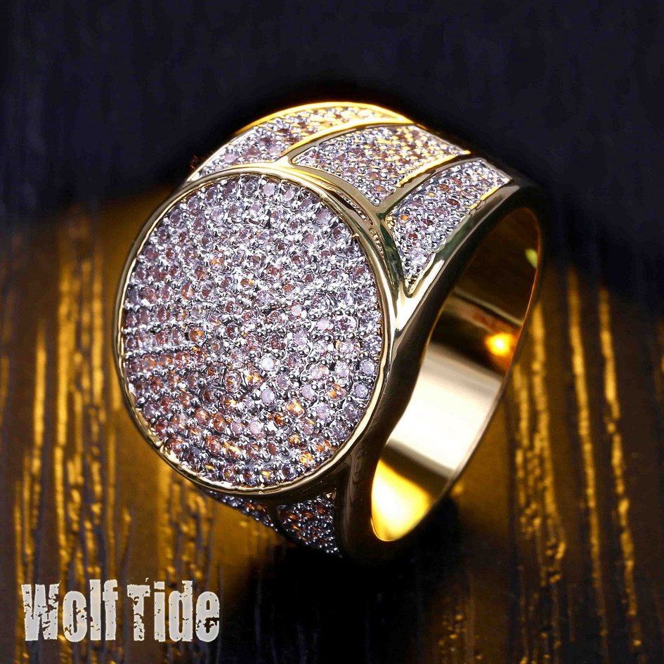 18mm Cubic Cubic Zirconia Hip Hop Round Button Bling Rings 18K Gold Plated Copper CZ Stone Diamond Miami Street Rapper Jewelry For Men Size 7 To 11 Bi