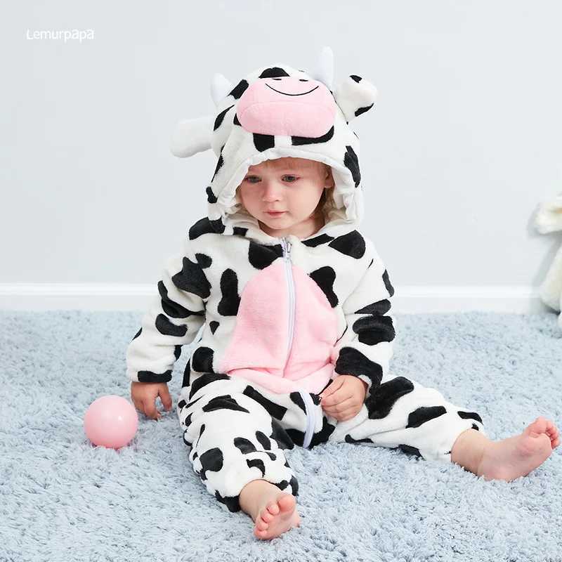 Pajamas Cow Romper Baby Warm Jumpsuit Boys Girls Winter Outfit Toddlers Halloween Animal Suit Funny Onesie Festival Party Bebe Clothes H241205