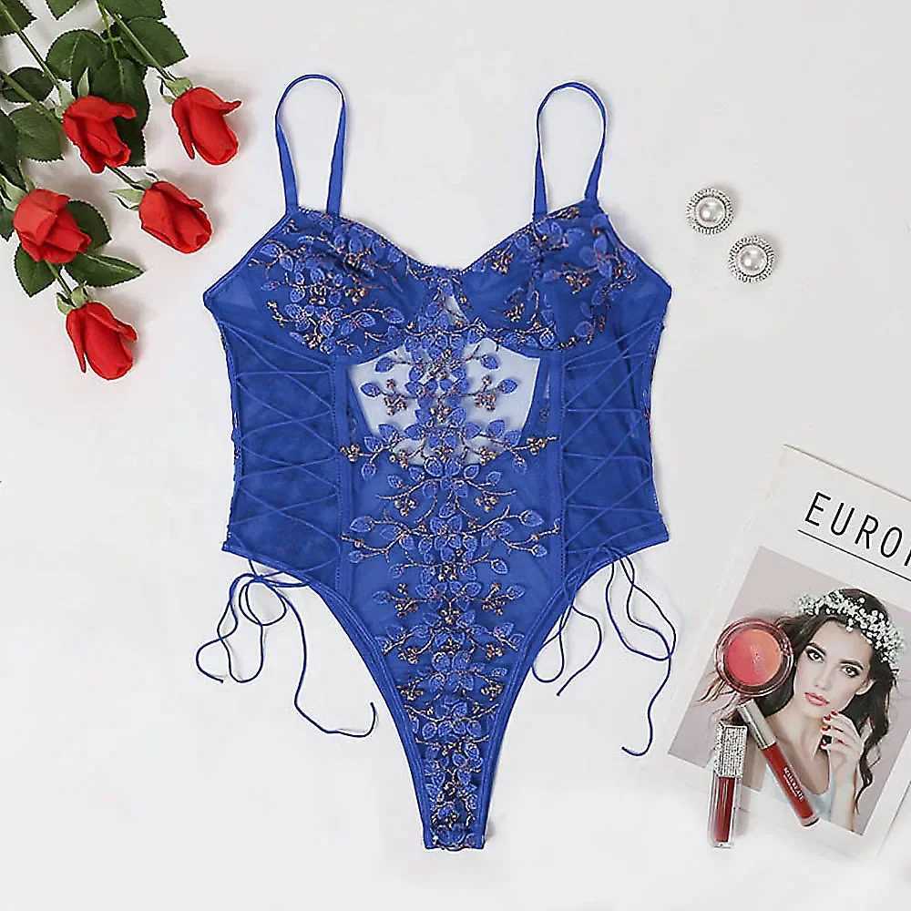 Womens Sweet Lace Embroidery Strap Lingerie Set Sexy Perspective Temptation Jumpsuit Female Solid Exotic Apparel SuitXJ241205