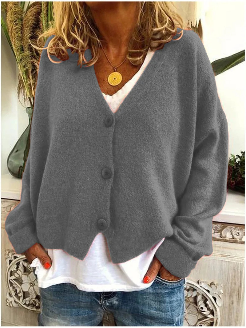 Womens V Neckline Button Down Knitwear Lantern Sleeve Basic Knit Cardigan Sweater Tops 241204