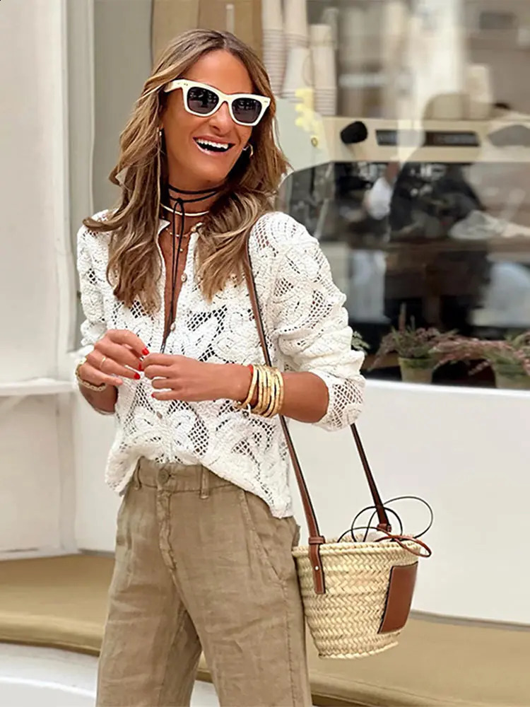 Casual Crochet Hollowed Out Shirt Pants Suit Fashion Single Breasted Lapel Top Wide Leg Sets 2024 Lady Outfits 241205