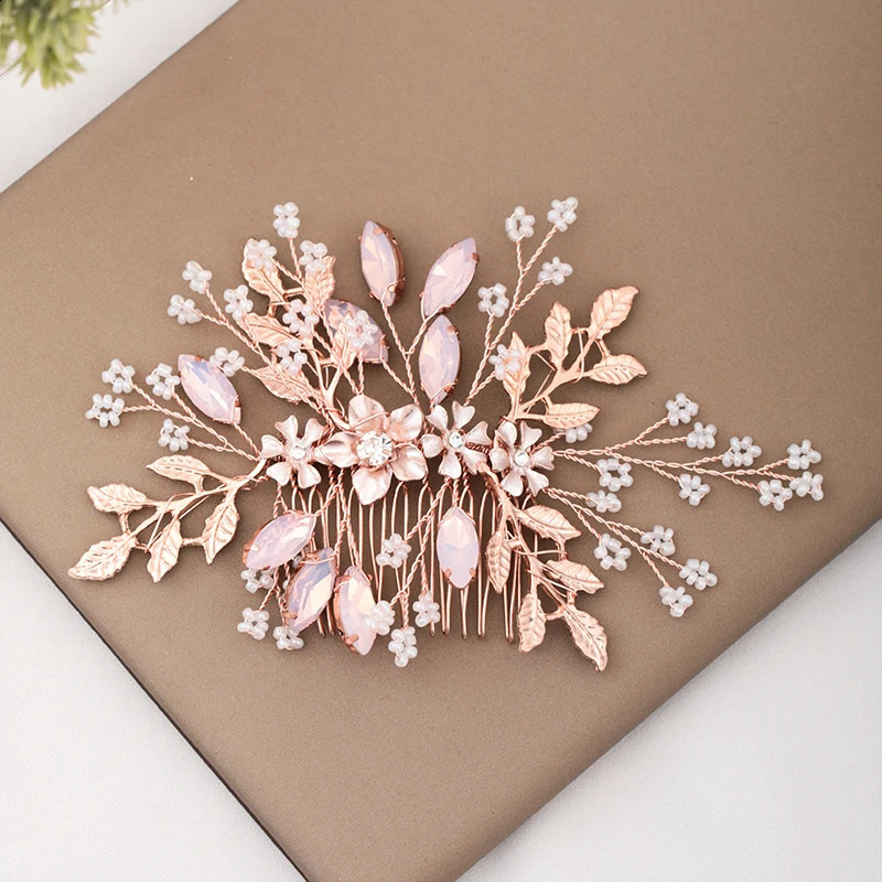 Rose Gold Wedding Hair Accessories Ladies Comb Flower Headdress Bride Hairpin Handmade Prom Tiara 241122