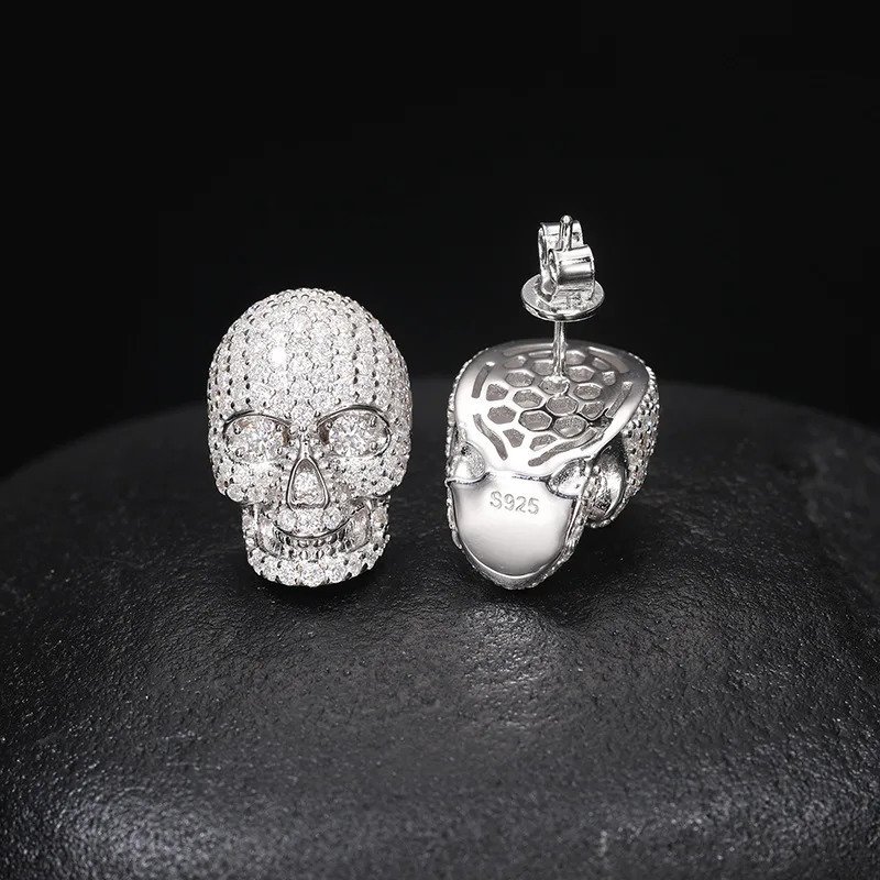 1 pair of S925 pure silver skeleton screw studs mens shiny ice earrings hip-hop rap singer jewelry gifts 241205