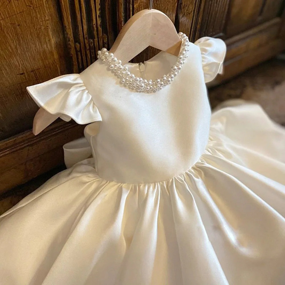 HETISO Baby Dresses for Wedding Pearl Necklace Girl Kids Dress White Toddler Clothes Elegant Birthday Gown 1-8 Years R250424