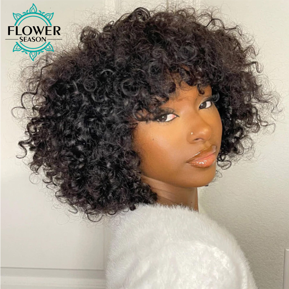 Loose Wig 180 Density Short Curly Scalp Top Hine Made Human Hair Wigs With Bangs For Women