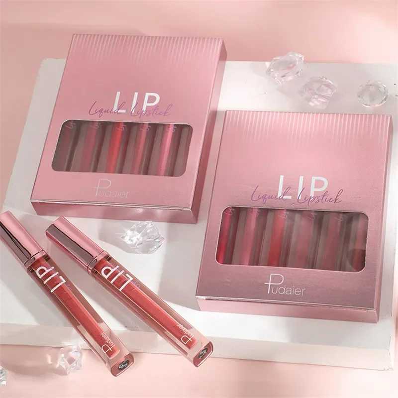 6 Colors/Set Matte Glitter Lip Gloss Non-stick Cup Not Easy To Fade Waterproof Lasting Velvet Sexy Red Liquid Lipstick CosmeticXJ241205