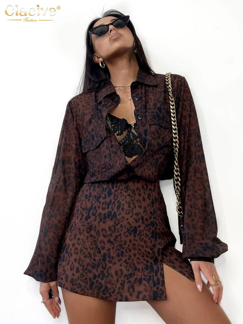 Clacive Fashion Loose Print 2 Piece Sets Women Outfit Elegant Long Sleeve Shirt With High Waist Mini Skirt Set Female Streetwear 241204