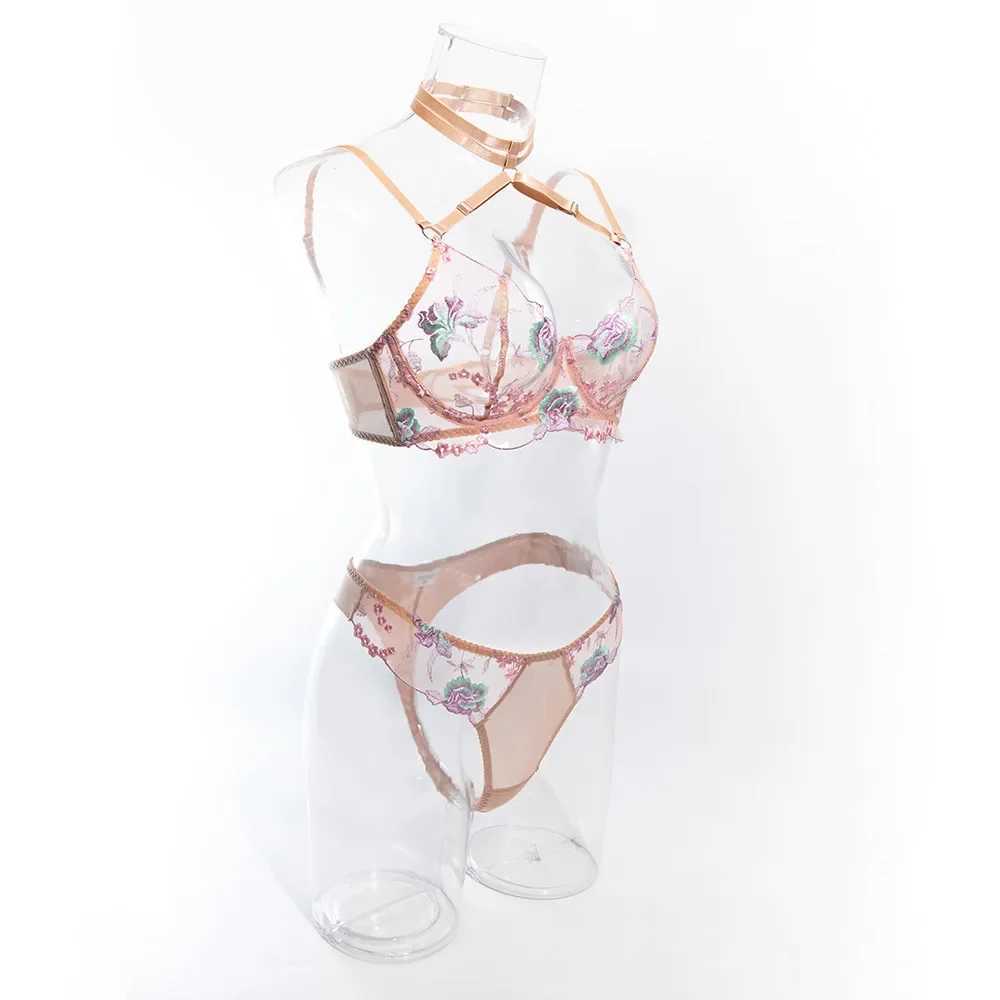 Embroidery Intimates Set Women Halter Bra + Mesh Panty Underwear Set Sexy Neckchain Lingerie EverydayXJ241205
