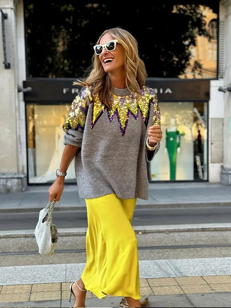 Fashion Round Neck Long Sleeved Womens Pullover Sequined Knitted Loose Contrasting Sweater 2024 Female Fall Streetwear 241204