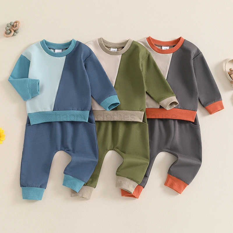 Toddler Boys Girls Tracksuit Outfit Contrast Color Long Sleeve Round Neck Sweatshirt Elastic Waist Trousers 2Pcs Sports SetXJ241205