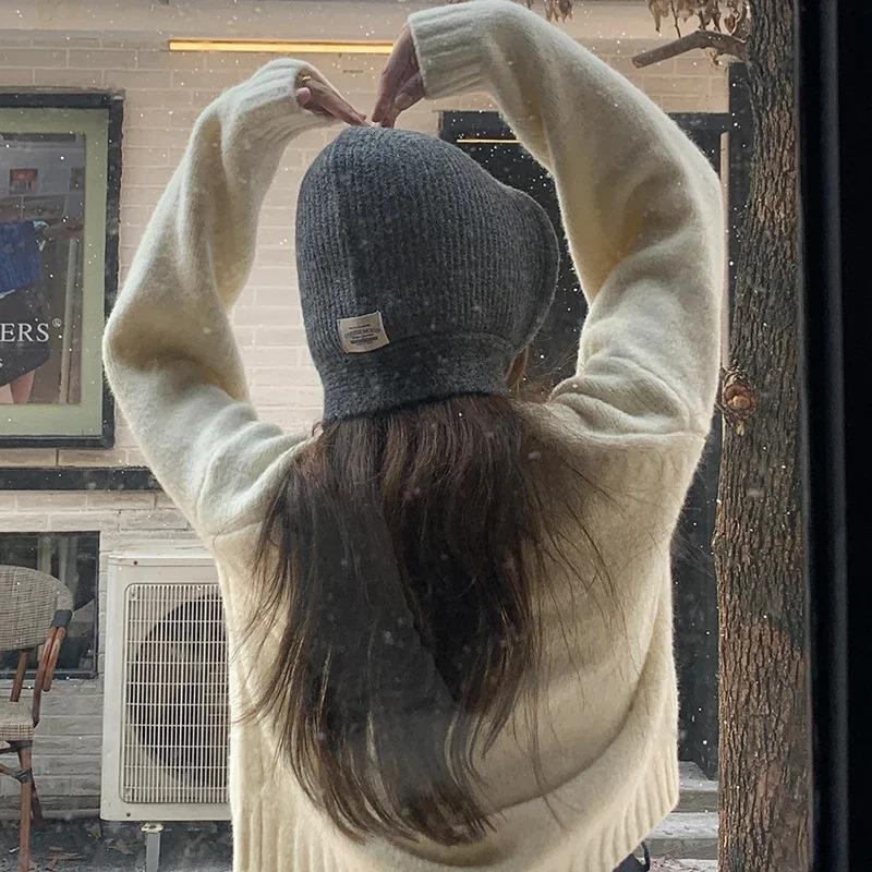 South Korean Balaclava Hat Winter Solid Label Hat Scarf Set Warm Thick Knitted Earrings Beanie Girls Year Accessories Gift 241205