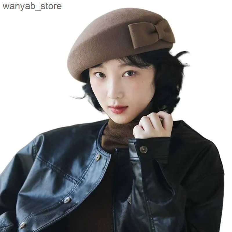 Cloches Retro style womens winter wool hat with bow decoration dress charming wool beret formal womens church hat new tilted hat L240910