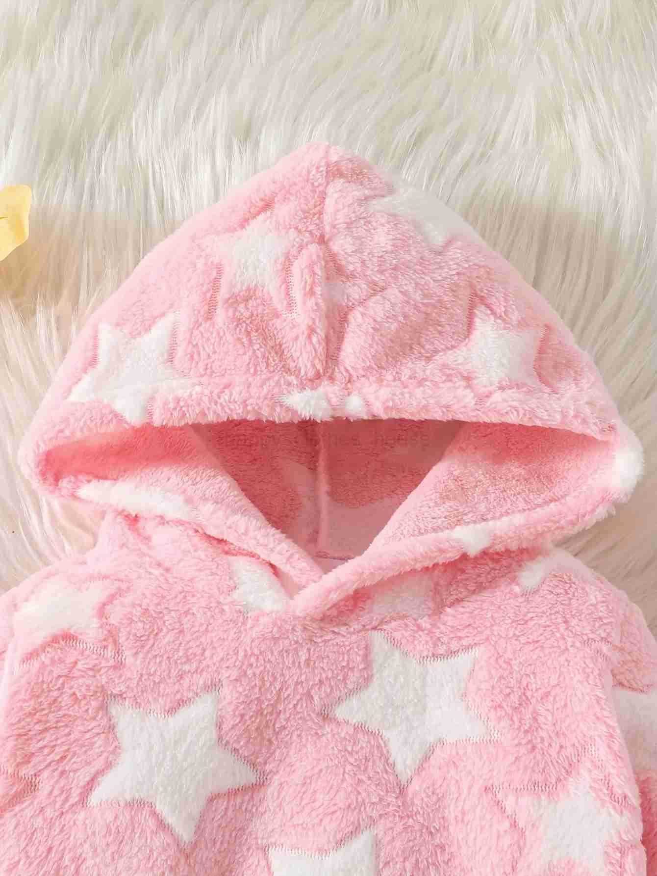 0-2 year old baby Autumn-winter five-pointed star pattern pink furry warm hooded top + pants two-piece setXJ241205
