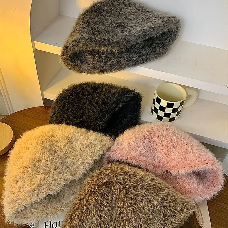 Y2k Plush Fluffy Bucket Hat Womens Korean Ins Casual Edition Fishermans Hat Winter Warm Snow Fur Retro Potted Hat 241205