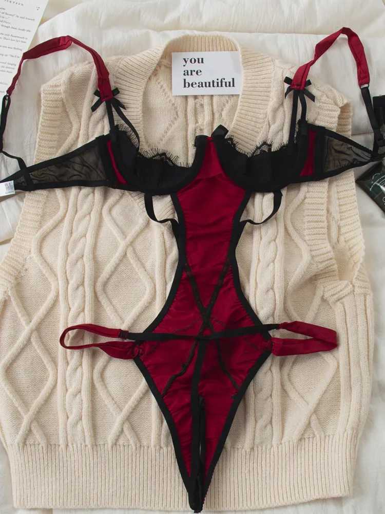 Palace style sexy bodysuit black color collision patchwork underwear one-piece lace edge lingerie setXJ241205