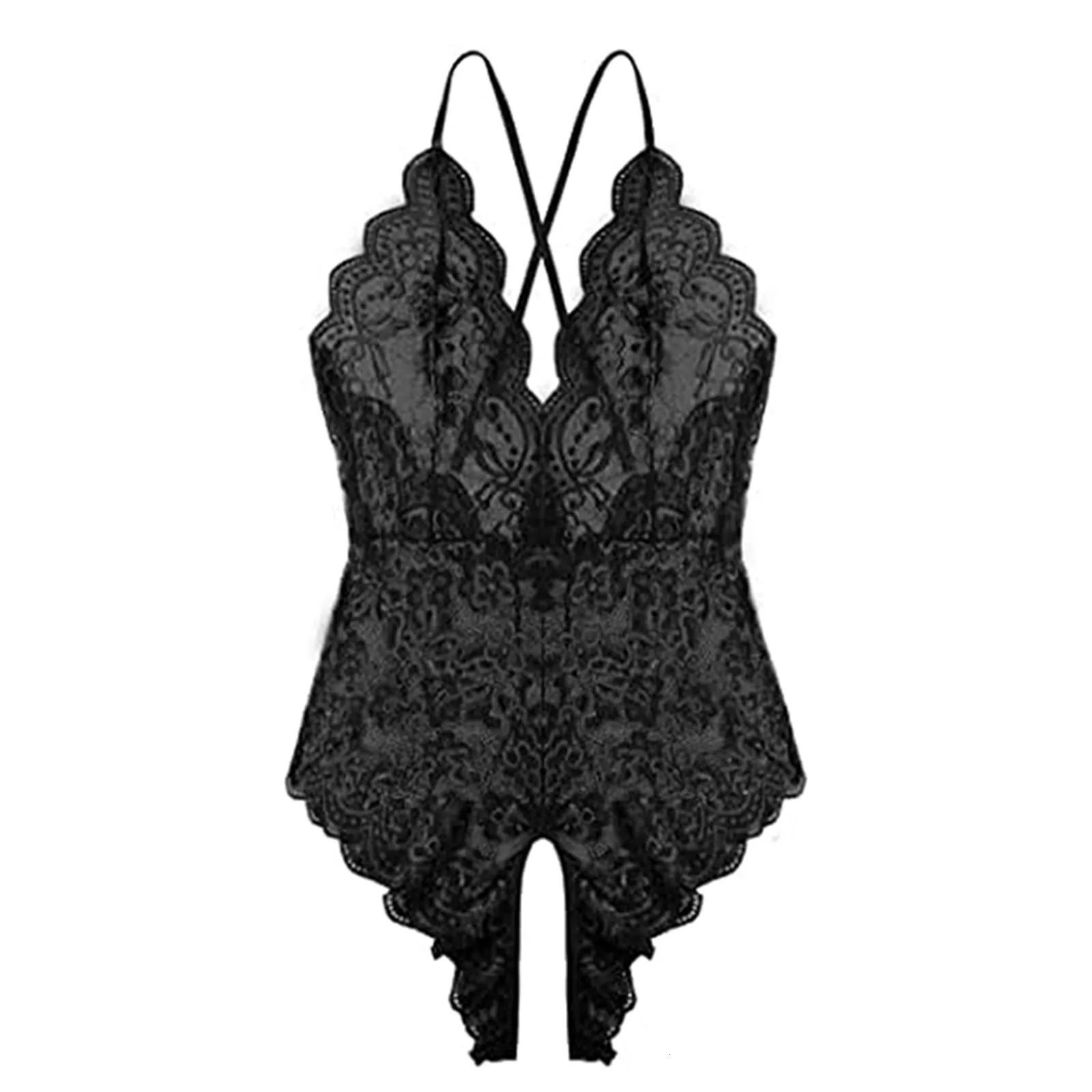3XL Lace UltraThin Sexy Lingerie Romper For Women Open Crotch Sheer Mesh Jumpsuits Solid Color Deep V-Neck Underwear 241205